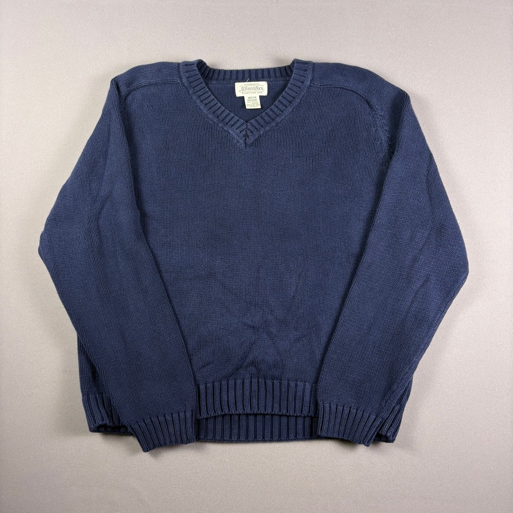 Vintage St Johns Bay Navy Blue V-Neck Cotton Knit Sweater Mens Medium Preppy 90s